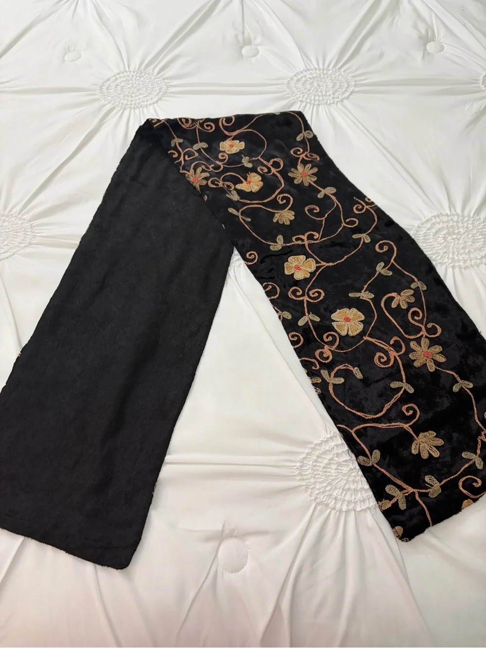 Alexis Crawford Flora Embroidered Black Velvet Whimsical Scarf